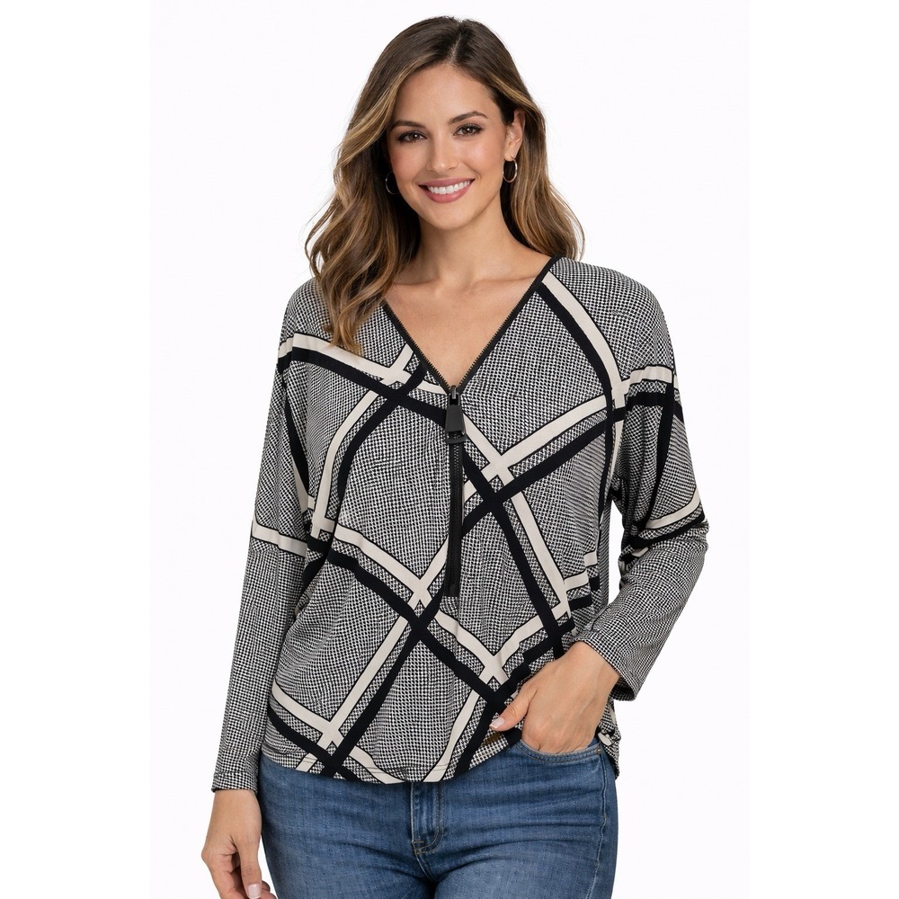 Ariella Small‎ Black White Geometric Zip Front Blouse Dolman Sleeve USA Made